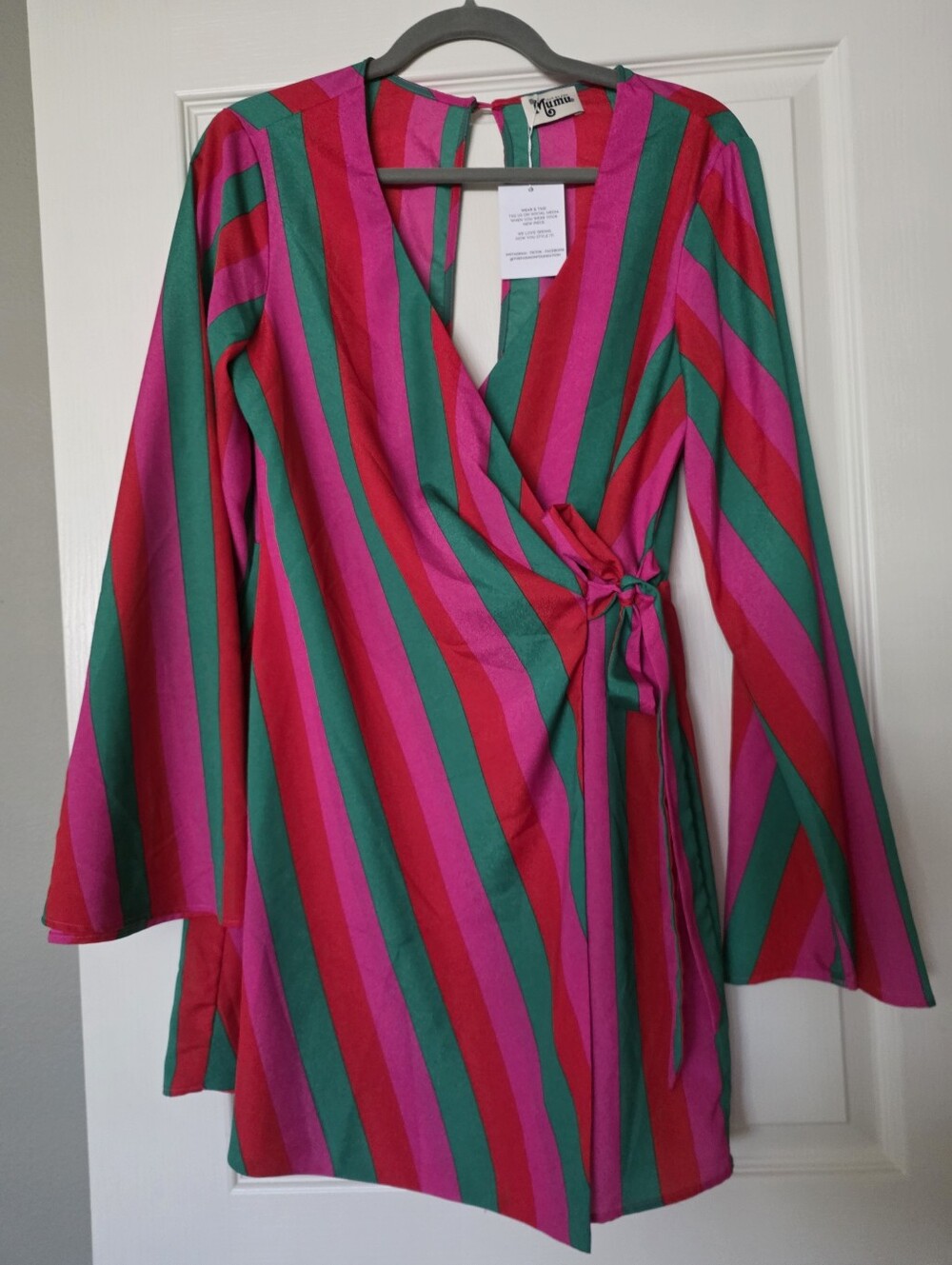 Show Me Your Mumu Pink Red Green Strip Dress Wrap Front